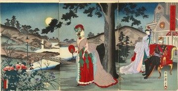  Emperor Oil Painting - The emperor enjoying the cool evening Toyohara Chikanobu Japanese